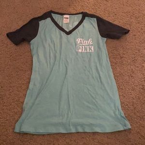 Victoria Secret pink shirt in teal w/ gray sleeves